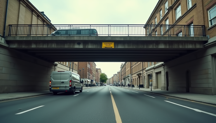 Eye-level view of a moving van approaching a low bridge with a height restriction sign