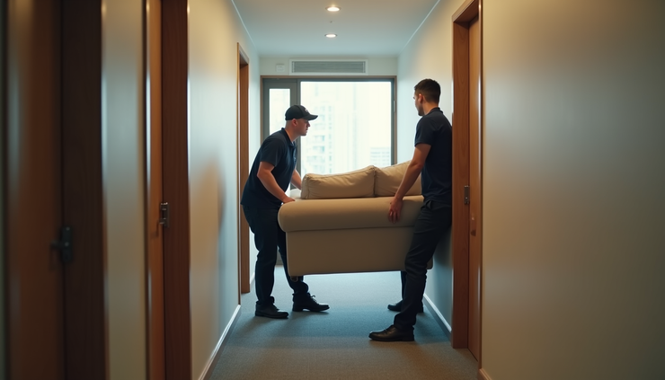Close-up view of professional movers carrying a sofa down a narrow apartment corridor