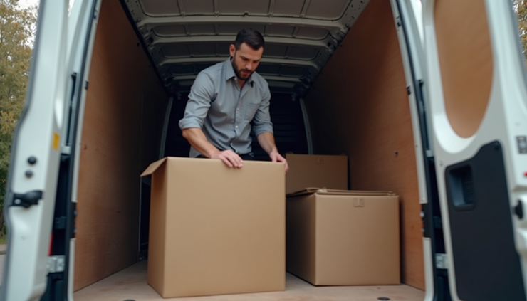 Close-up view of a mover securing boxes inside a moving van in London