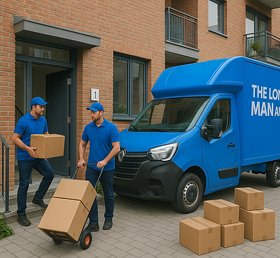 Professional movers from The London Man And Van.co.uk carry boxes into a modern London apa