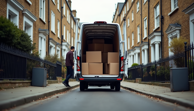 Eye-level view of a van being loaded with boxes outside a London townhouse
