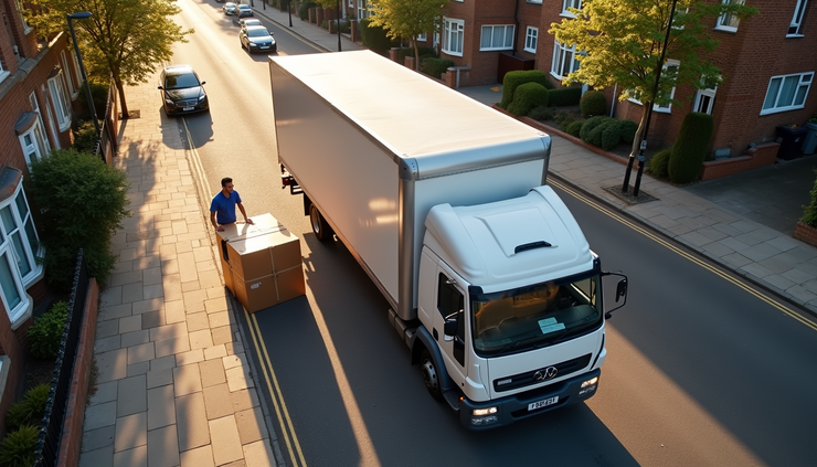 High angle view of a moving truck unloading boxes in a North Finchley street