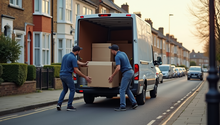 High angle view of movers loading boxes into a van in a Hammersmith street