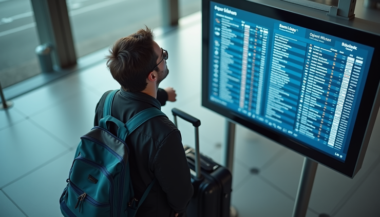 High angle view of a traveler checking flight information at Heathrow Airport with luggage