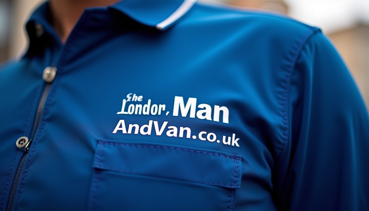 Close-up view of a blue uniform with “The London Man And Van.co.uk” written in white