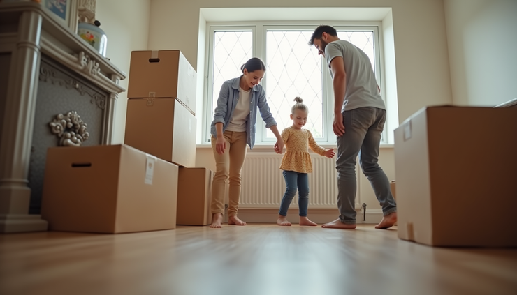 Eye-level view of a family unpacking boxes in a new home in Stoke-on-Trent