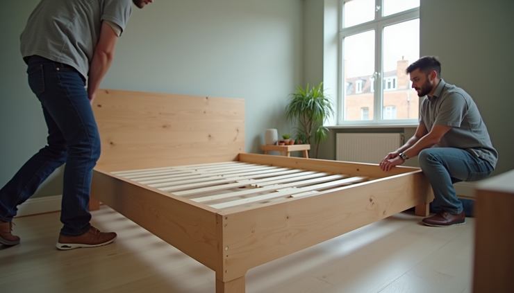 Close-up view of movers assembling a bed frame inside a North Finchley living room