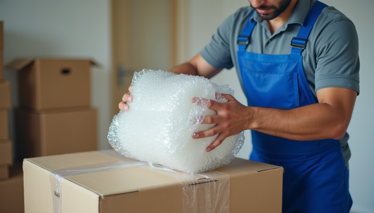 Close-up view of a mover in a blue uniform packing fragile items with bubble wrap