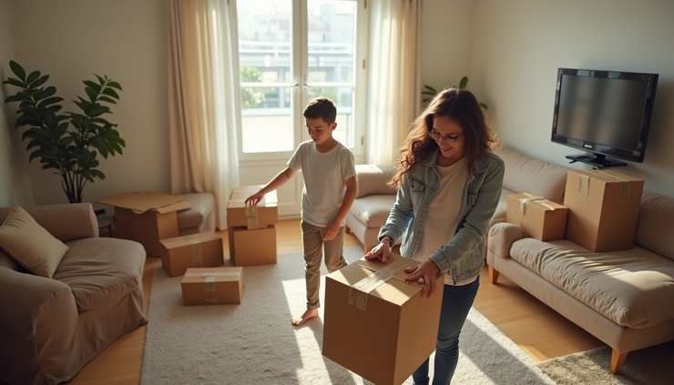 High angle view of a family packing boxes in a living room during relocation