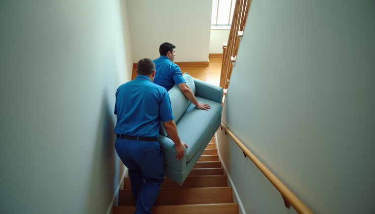 High angle view of professional movers carrying a disassembled sofa down a narrow staircase