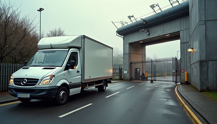 Eye-level view of a Heathrow Airport luggage delivery van parked outside a film studio gate