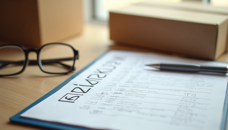 Close-up view of a moving checklist and packing supplies on a table