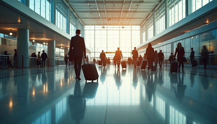 منظر عين الطائر لصالة الوصول في مطار هيثرو مع مسافرين يحملون أمتعتهم