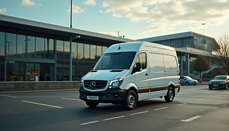 High angle view of a delivery van parked outside Heathrow Airport terminal