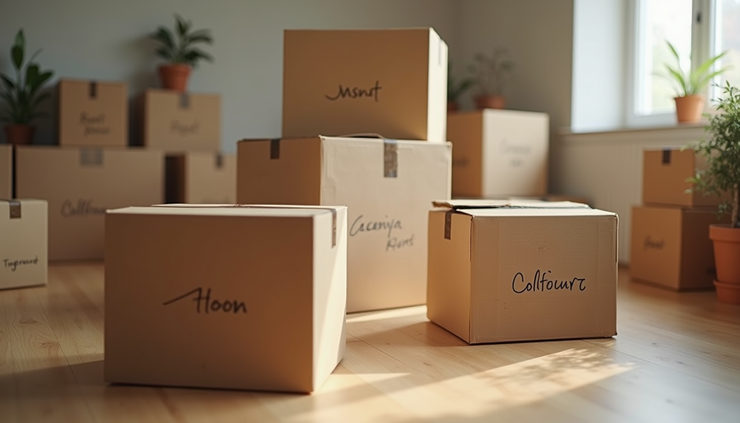 Close-up view of neatly packed boxes labeled for different rooms