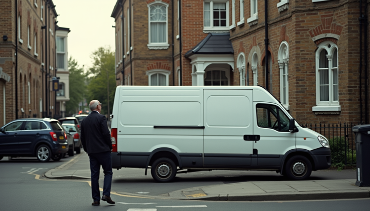 Eye-level view of a man and van parked outside a Hammersmith student flat