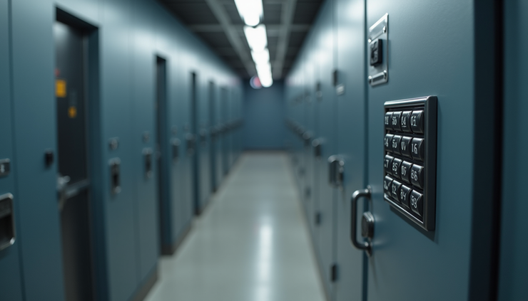 Close-up view of a digital keypad on a luggage storage locker door