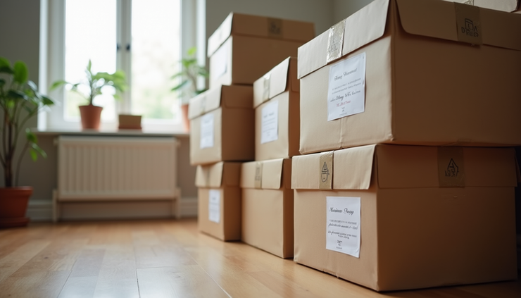 Eye-level view of stacked moving boxes with labels in a Hammersmith living room