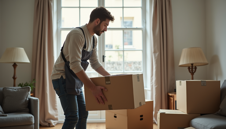 Close-up view of movers carefully packing boxes inside a North London flat
