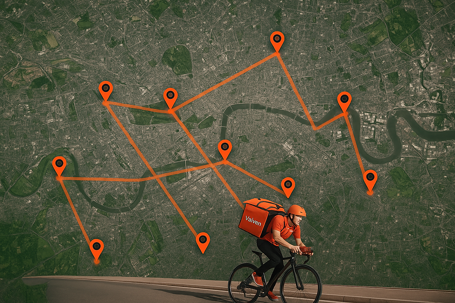 A satellite map of London with orange GPS pin markers and glowing route lines showing mult