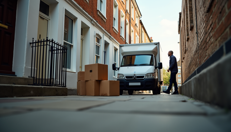 Eye-level view of a man and van parked near a London flat with moving boxes stacked outside