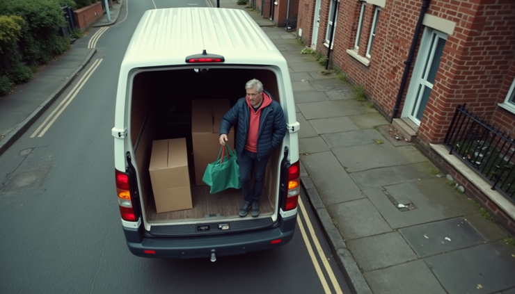 High angle view of a man and van vehicle loading student belongings in SE13 Lewisham