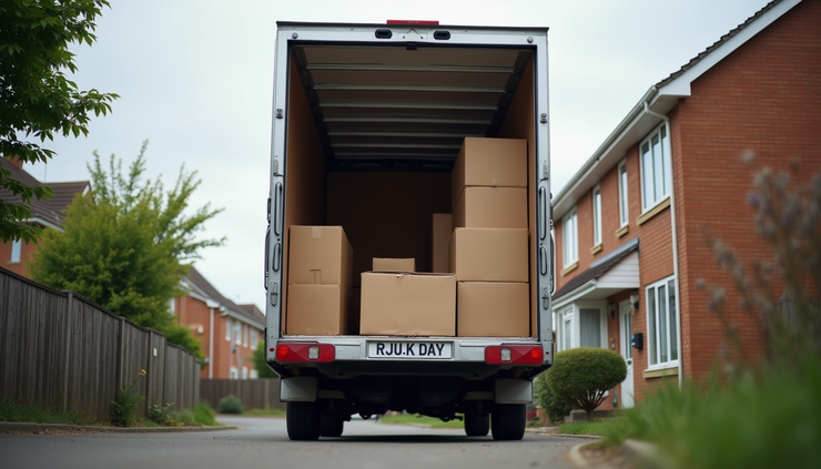 Eye-level view of a moving van parked outside a typical UK suburban house