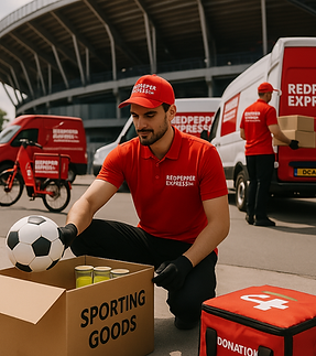 Two Red Pepper Express couriers in bright red uniforms (#ff0000) delivering sports and lei
