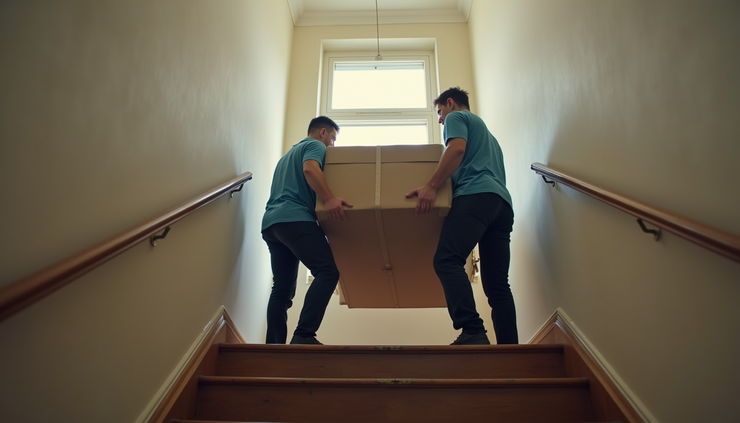 Close-up view of movers carrying a sofa down a narrow staircase in a Hammersmith flat