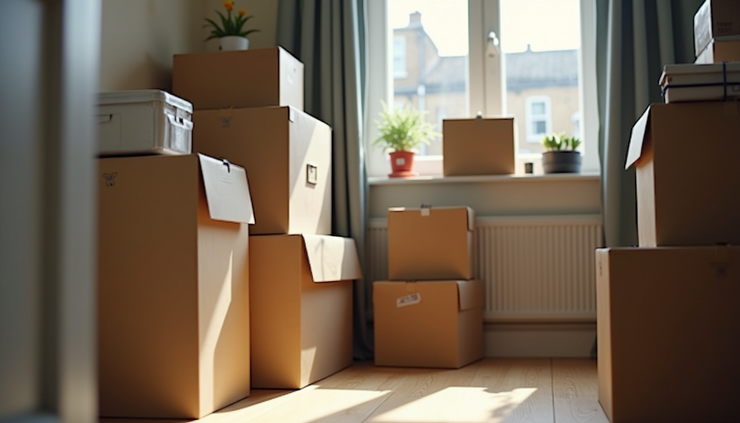 Close-up view of packed boxes and student belongings ready for moving in a Deptford flat