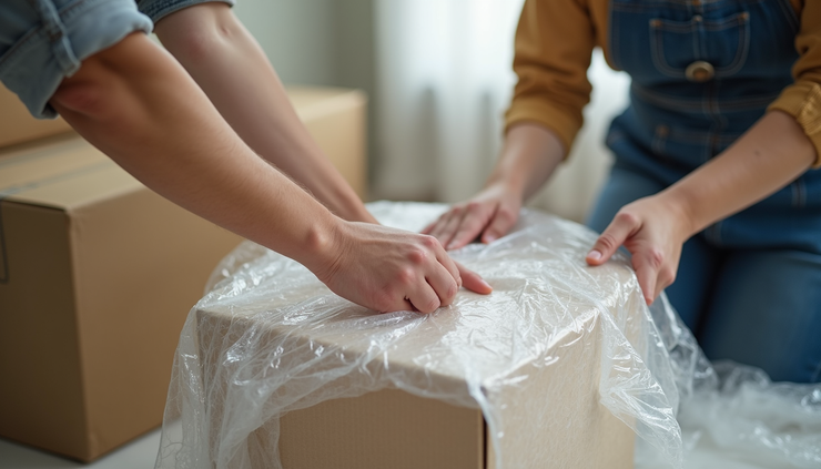 Close-up view of professional movers packing fragile items with bubble wrap