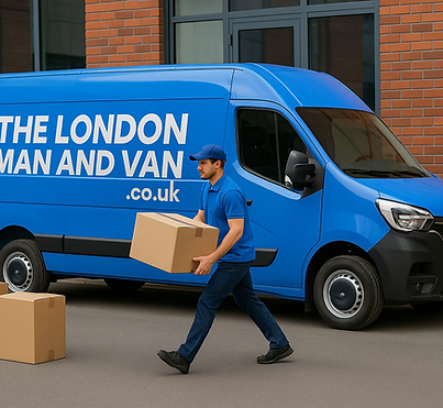 A delivery driver from The London Man And Van.co.uk carries a cardboard box from a bright