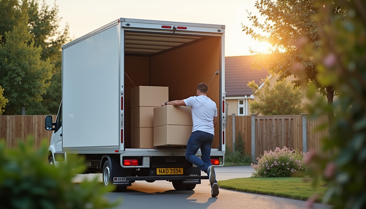 Eye-level view of a Bristol street with a moving truck unloading furniture outside a new home