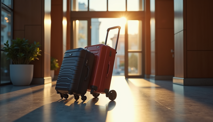 Eye-level view of luggage trolley outside a hotel entrance