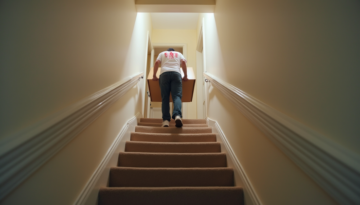 High angle view of movers carrying furniture down a narrow staircase in a flat in Dartford