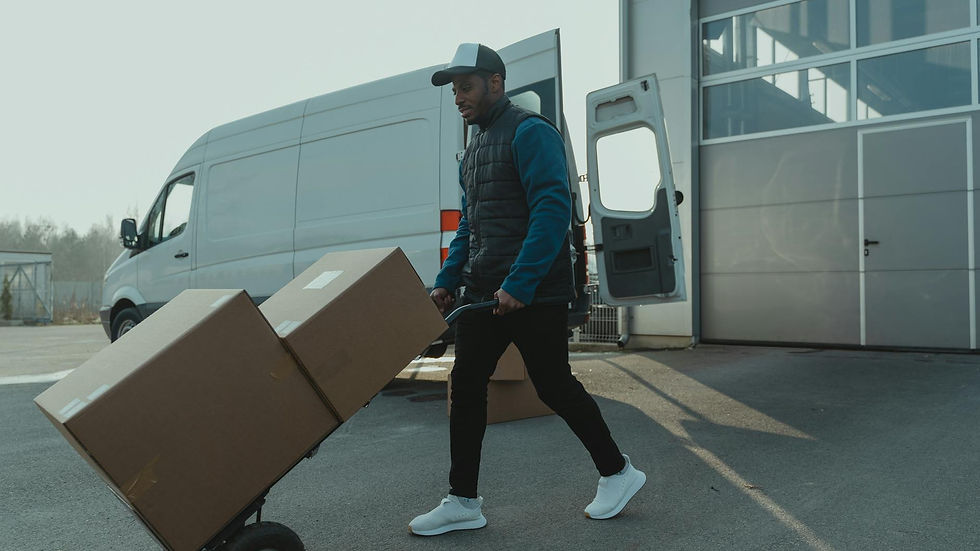 Courier pushing a trolley with boxes near a van at a warehouse, showcasing delivery services.