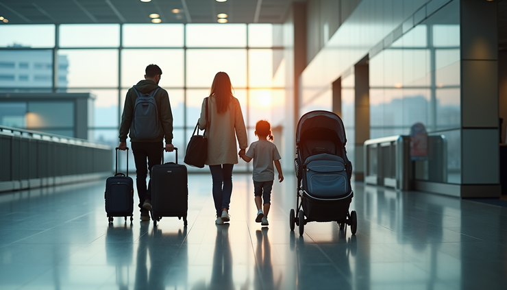 Eye-level view of a family with children and luggage at Heathrow Airport arrivals
