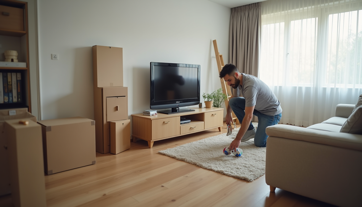 Eye-level view of a handyman assembling flat pack furniture in a Hammersmith living room