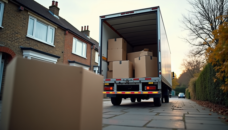 Eye-level view of a moving truck parked outside a London home ready for a long distance move