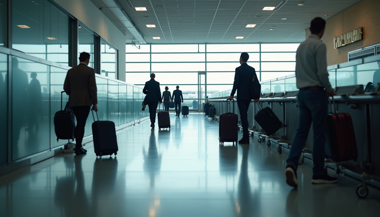 Eye-level view of Heathrow Airport luggage collection area with travelers and suitcases