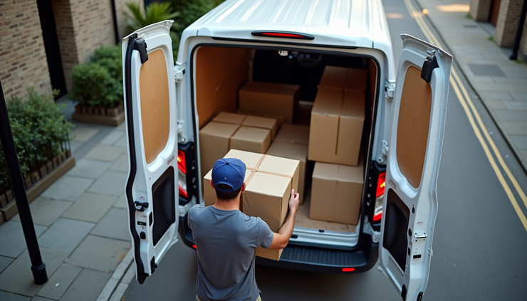 High angle view of a London Man And Van team carefully loading a moving van with packed boxes and furniture