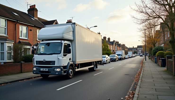 Eye-level view of a moving van parked on a residential street in Croydon