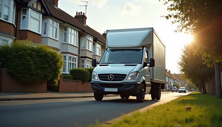 Eye-level view of a moving van parked outside a typical Thornton Heath home