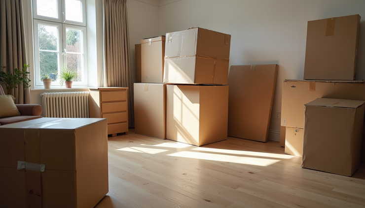 High angle view of dismantled furniture ready for transport in a Hammersmith home