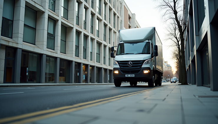 Eye-level view of a moving van parked outside a Hammersmith office building