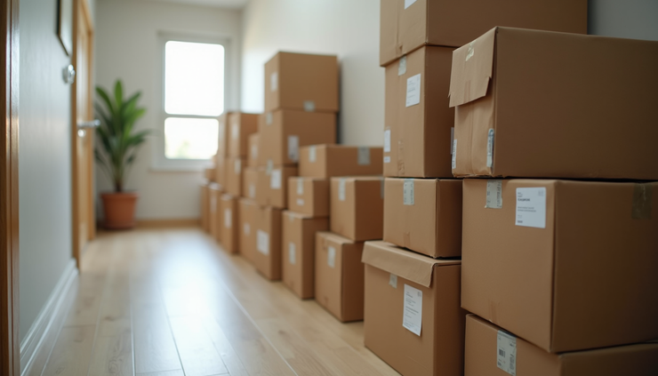 Close-up view of neatly packed and labeled moving boxes stacked in a hallway