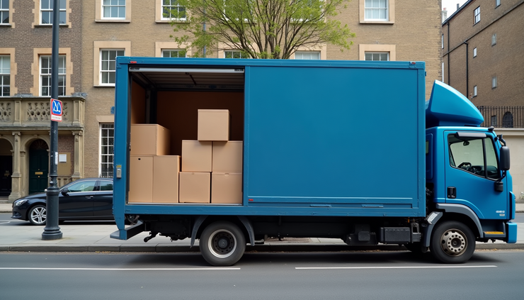 High angle view of blue branded moving van loaded and ready to depart from Hammersmith