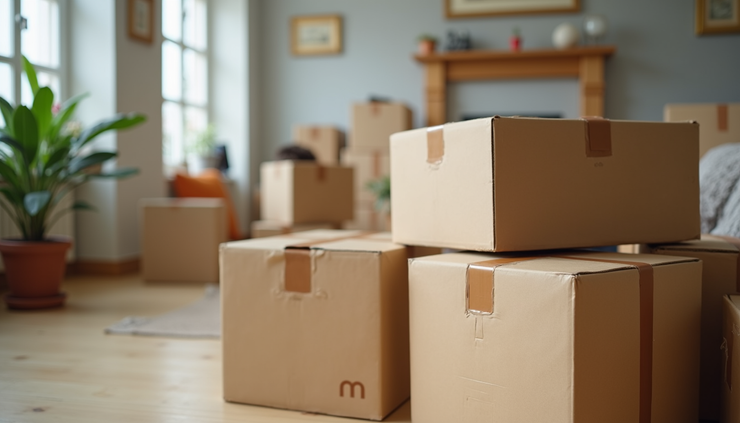 Close-up of packed boxes and student belongings ready for moving