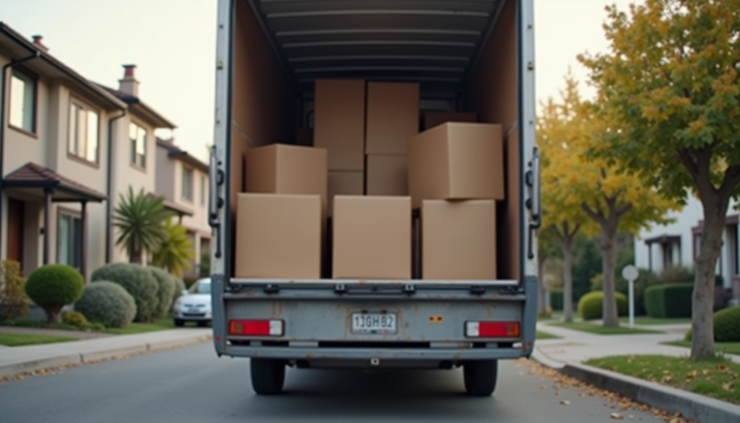 Close-up view of a moving van being loaded with securely packed boxes in Hammersmith street