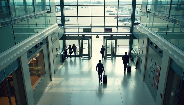 High angle view of Heathrow Airport terminal exit with travelers walking freely